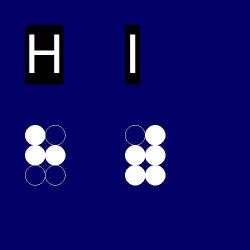 A white on blue image of the initials HI in both print and braille.